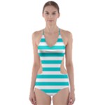 Horizontal Stripes - White and Cyan Cut-Out One Piece Swimsuit
