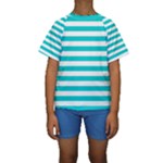 Horizontal Stripes - White and Cyan Kid s Short Sleeve Swimwear