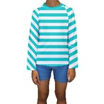 Horizontal Stripes - White and Cyan Kid s Long Sleeve Swimwear