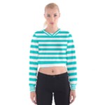 Horizontal Stripes - White and Cyan Women s Cropped Sweatshirt