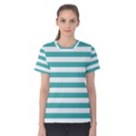 Horizontal Stripes - White and Verdigris Women s Cotton Tee