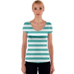 Horizontal Stripes - White and Verdigris Women s V-Neck Cap Sleeve Top