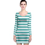 Horizontal Stripes - White and Verdigris Long Sleeve Bodycon Dress