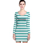 Horizontal Stripes - White and Verdigris Long Sleeve Velvet Bodycon Dress