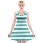 Horizontal Stripes - White and Verdigris V-Neck Sleeveless Dress