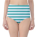 Horizontal Stripes - White and Verdigris High-Waist Bikini Bottoms