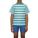 Horizontal Stripes - White and Verdigris Kid s Short Sleeve Swimwear