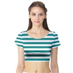 Horizontal Stripes - White and Teal Short Sleeve Crop Top (Tight Fit)