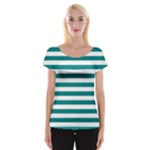Horizontal Stripes - White and Teal Women s Cap Sleeve Top
