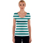 Horizontal Stripes - White and Teal Women s V-Neck Cap Sleeve Top