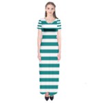 Horizontal Stripes - White and Teal Short Sleeve Maxi Dress