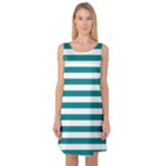 Horizontal Stripes - White and Teal Sleeveless Satin Nightdress
