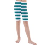Horizontal Stripes - White and Teal Kid s Mid Length Swim Shorts