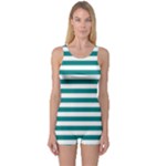Horizontal Stripes - White and Teal One Piece Boyleg Swimsuit