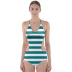 Horizontal Stripes - White and Teal Cut-Out One Piece Swimsuit