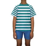 Horizontal Stripes - White and Teal Kid s Short Sleeve Swimwear