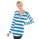 Horizontal Stripes - White and Cerulean Women s Tie Up Tee