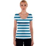 Horizontal Stripes - White and Cerulean Women s V-Neck Cap Sleeve Top