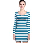Horizontal Stripes - White and Cerulean Long Sleeve Velvet Bodycon Dress