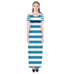 Horizontal Stripes - White and Cerulean Short Sleeve Maxi Dress