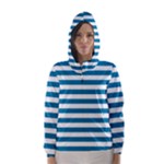 Horizontal Stripes - White and Cerulean Hooded Wind Breaker (Women)