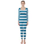 Horizontal Stripes - White and Cerulean Long Sleeve Catsuit