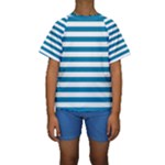 Horizontal Stripes - White and Cerulean Kid s Short Sleeve Swimwear