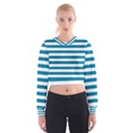 Horizontal Stripes - White and Cerulean Women s Cropped Sweatshirt
