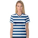 Horizontal Stripes - White and Dark Cerulean Women s V-Neck Sport Mesh Tee