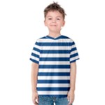 Horizontal Stripes - White and Dark Cerulean Kid s Cotton Tee