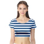 Horizontal Stripes - White and Dark Cerulean Short Sleeve Crop Top (Tight Fit)