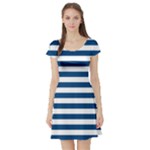 Horizontal Stripes - White and Dark Cerulean Short Sleeve Skater Dress