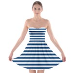 Horizontal Stripes - White and Dark Cerulean Strapless Bra Top Dress