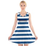Horizontal Stripes - White and Dark Cerulean V-Neck Sleeveless Dress