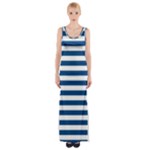 Horizontal Stripes - White and Dark Cerulean Maxi Thigh Split Dress