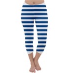 Horizontal Stripes - White and Dark Cerulean Capri Winter Leggings