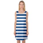 Horizontal Stripes - White and Dark Cerulean Sleeveless Satin Nightdress