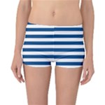 Horizontal Stripes - White and Dark Cerulean Reversible Boyleg Bikini Bottoms