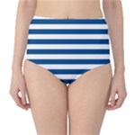 Horizontal Stripes - White and Dark Cerulean High-Waist Bikini Bottoms