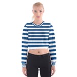 Horizontal Stripes - White and Dark Cerulean Women s Cropped Sweatshirt