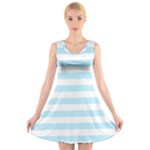 Horizontal Stripes - White and Light Blue V-Neck Sleeveless Dress