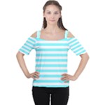 Horizontal Stripes - White and Electric Blue Women s Cutout Shoulder Tee