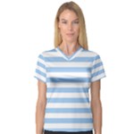 Horizontal Stripes - White and Baby Blue Women s V-Neck Sport Mesh Tee