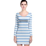 Horizontal Stripes - White and Baby Blue Long Sleeve Velvet Bodycon Dress