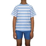 Horizontal Stripes - White and Baby Blue Kid s Short Sleeve Swimwear