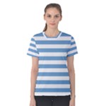 Horizontal Stripes - White and Iceberg Blue Women s Cotton Tee