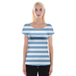 Horizontal Stripes - White and Iceberg Blue Women s Cap Sleeve Top