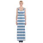 Horizontal Stripes - White and Iceberg Blue Maxi Thigh Split Dress