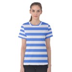 Horizontal Stripes - White and Cornflower Blue Women s Cotton Tee