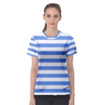 Horizontal Stripes - White and Cornflower Blue Women s Sport Mesh Tee